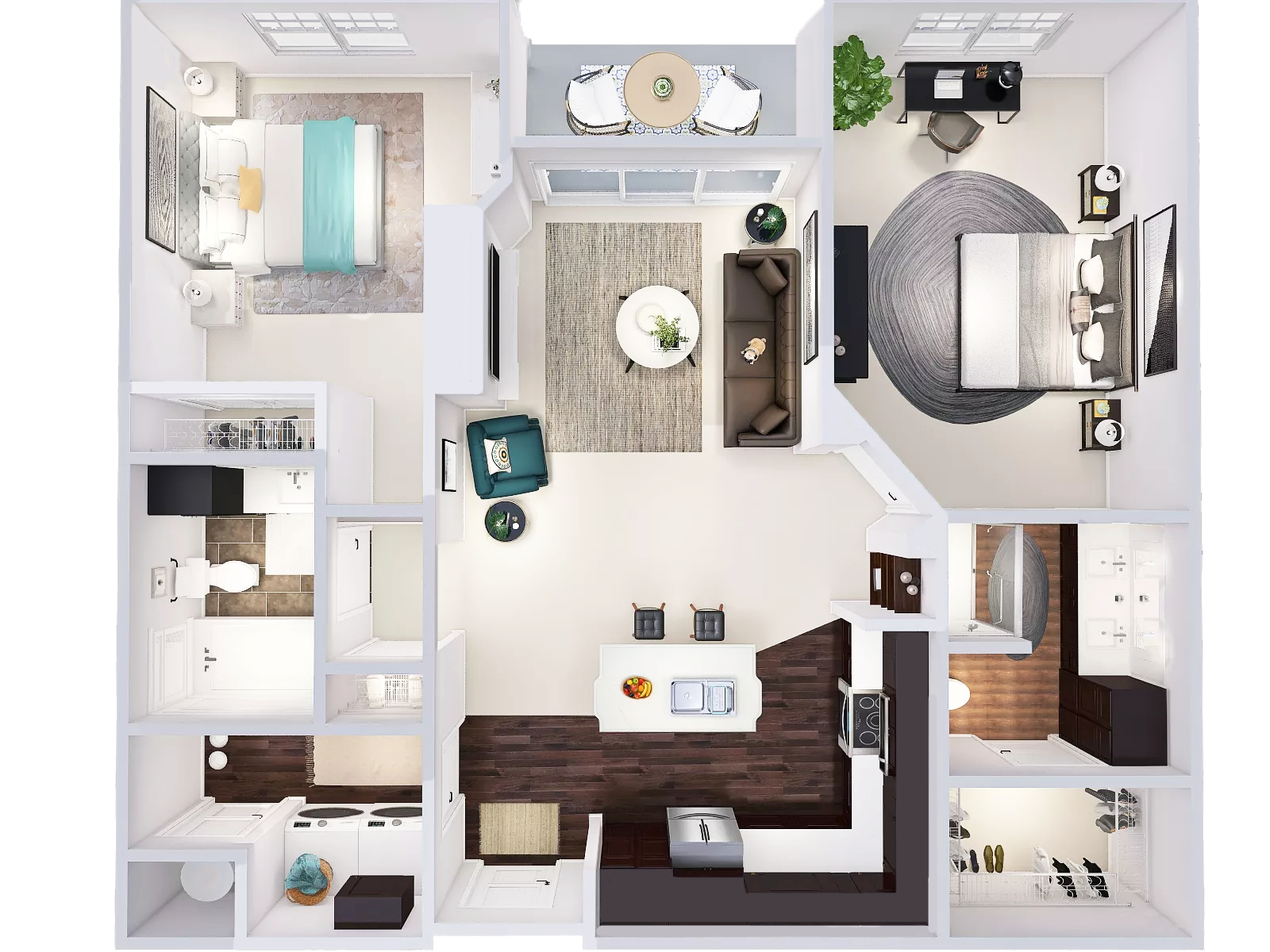 Floor plan for 2 beds, 2 baths, 1166 sqft